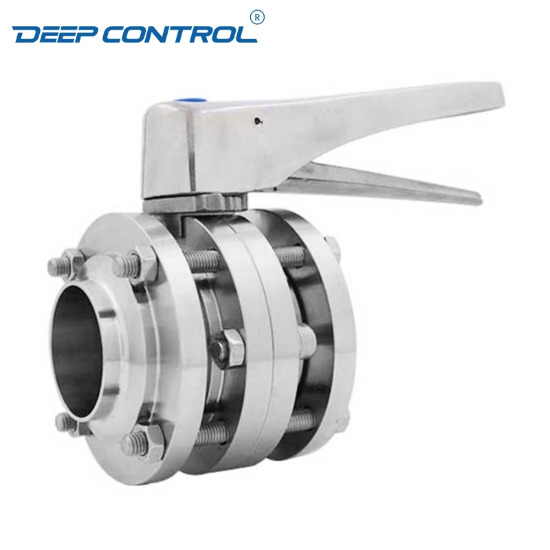 Data Center Cooling Water Chiller Hygienic Stainless Steel Manual Weld Three Pieces Butterfly Valve With Stainless Steel 12 Positions Handle